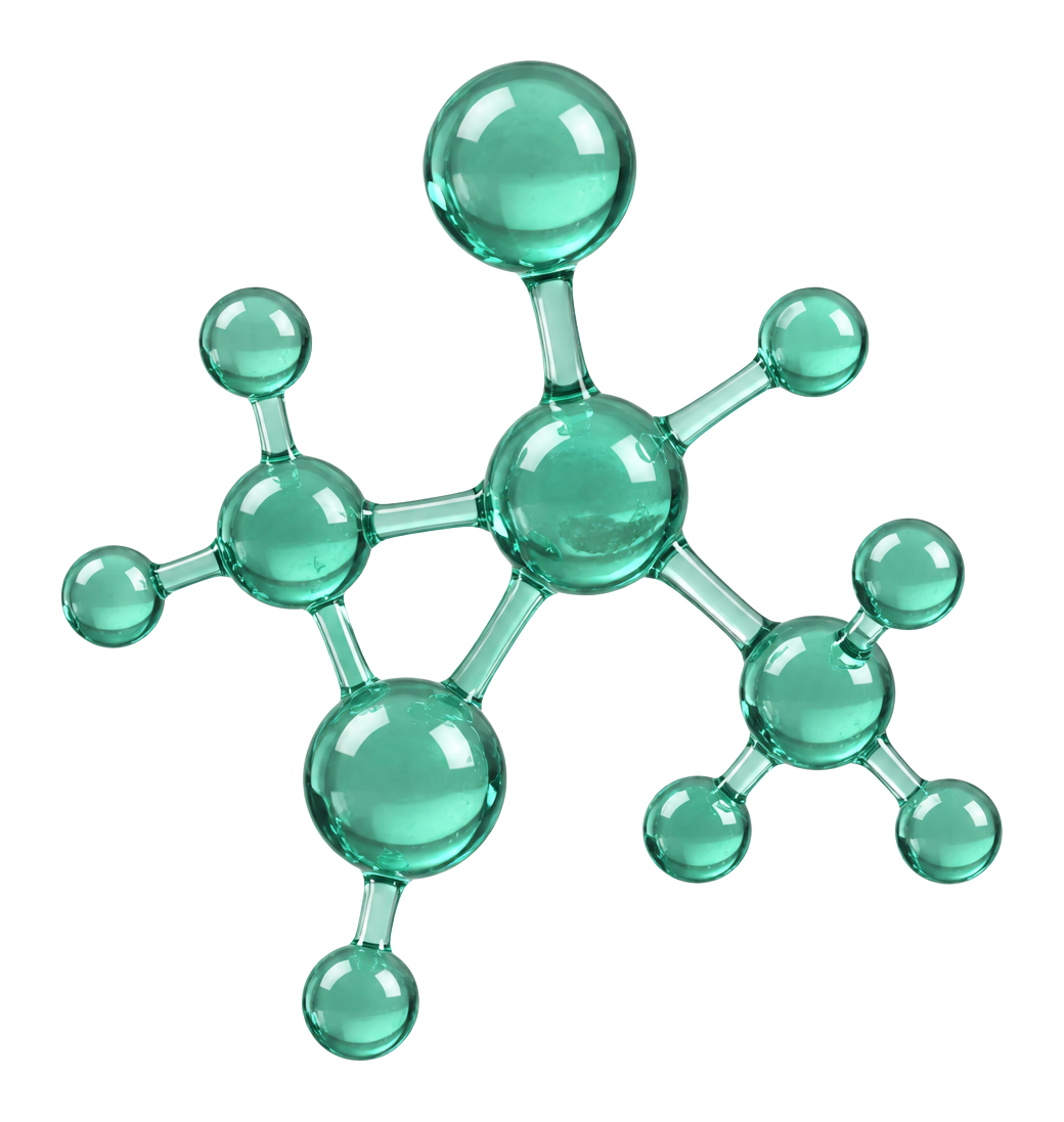 3D molecular structure of connected glassy teal spheres